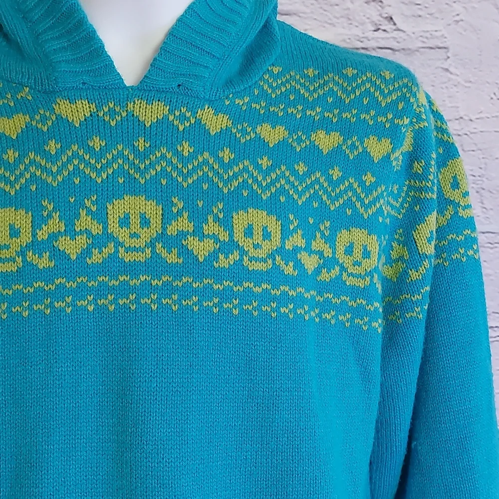 Fair Isle Knit Skull Derek Heart Blue Green Hoodie Sweater L Large Y2K - Picture 4 of 8